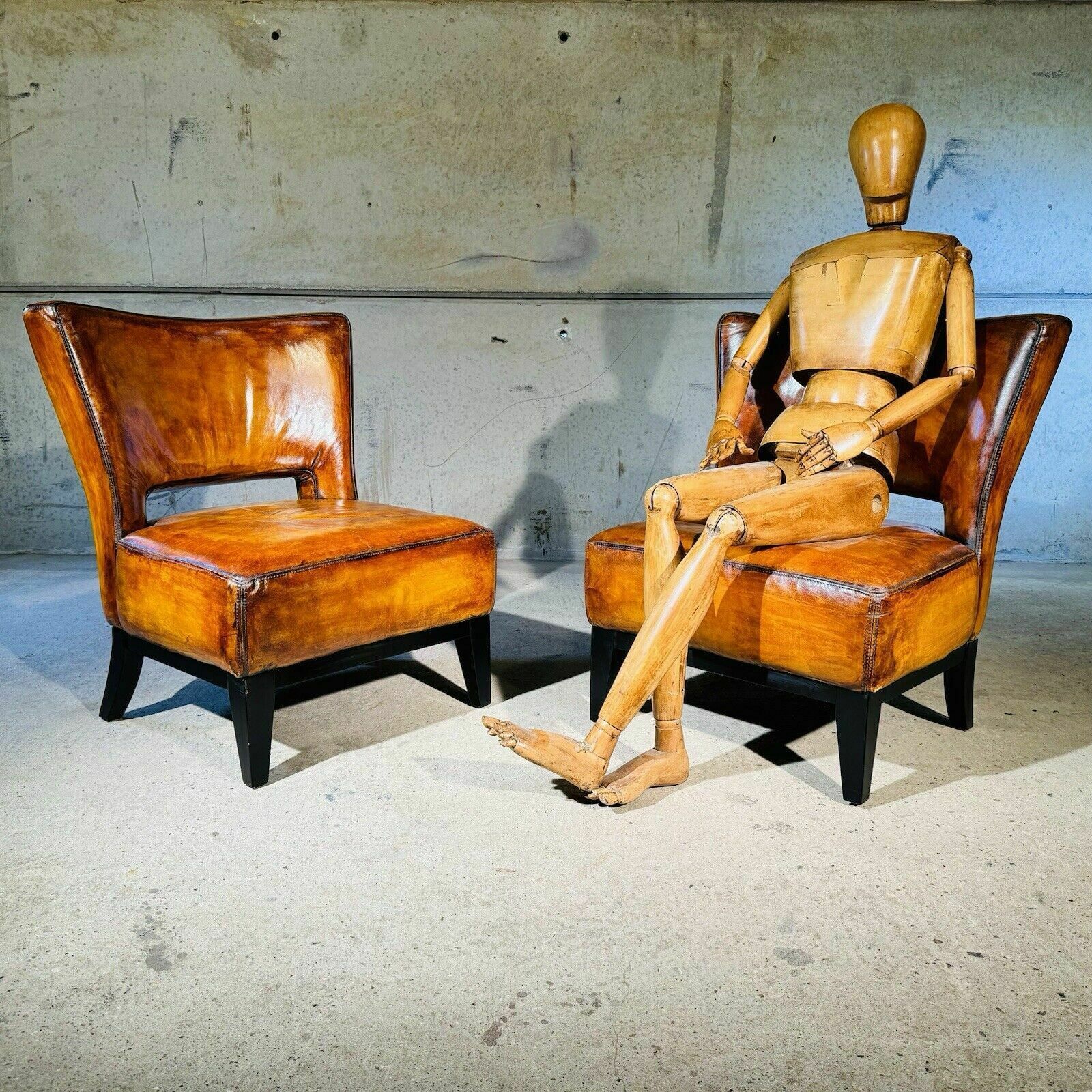 Pair Of Vintage Andrew Martin Oversized Leather Chairs Hand Dyed Light Tan photo furniture