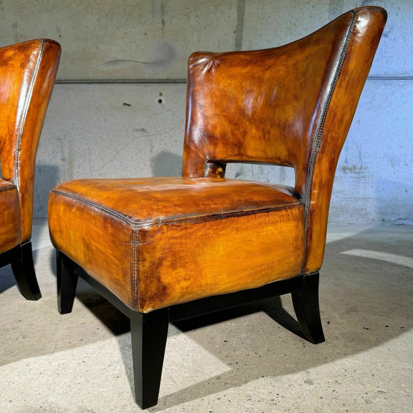 photo for sale Pair Of Vintage Andrew Martin Oversized Leather Chairs Hand Dyed Light Tan