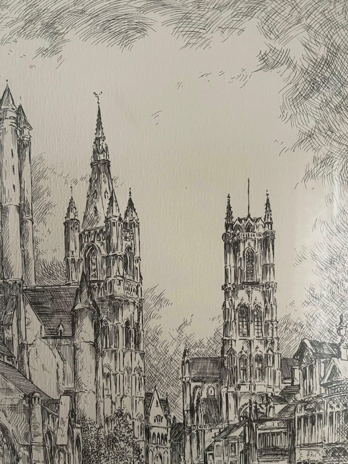 Antique Church Drawing, Lovely Wall Decoration Painting Signed Frans Vanderveken photo vinterior