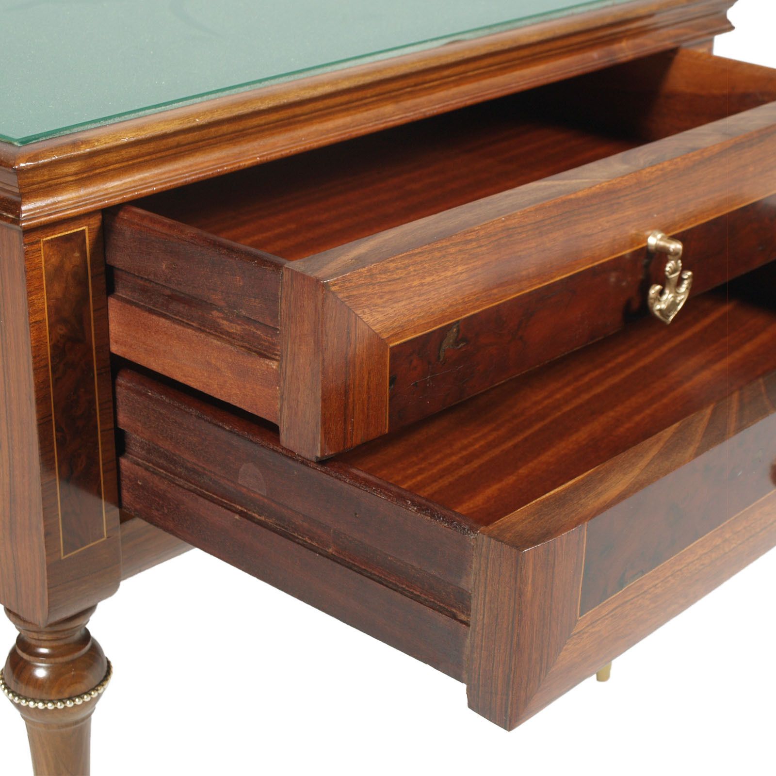 photo for sale 1950s Nightstands, Walnut Bicolor, Burl & Maple Inlaid Golden Brass Accessories