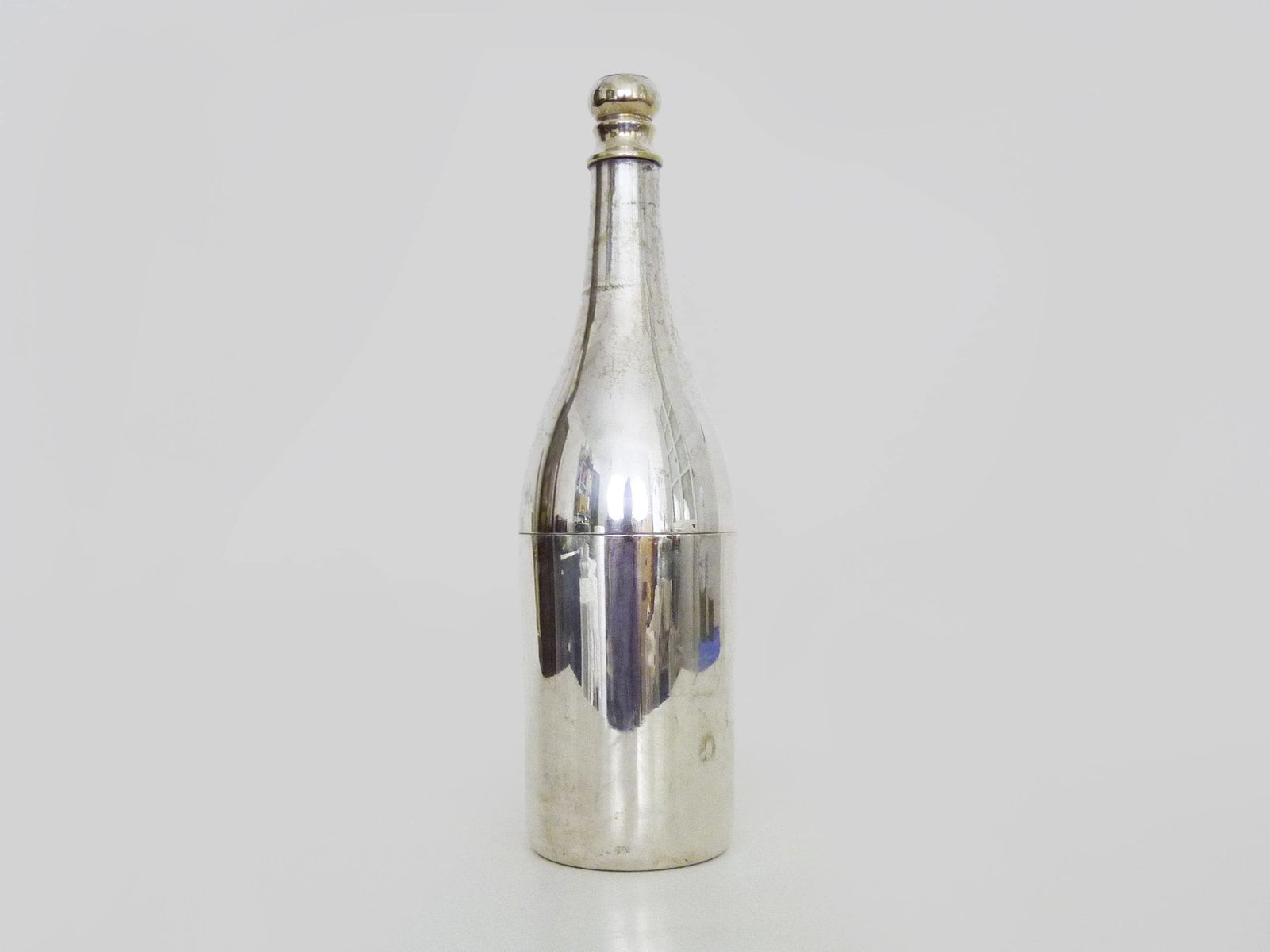 Rare Silver Metal And Brass Shaker In The Shape Of A Champagne Bottle