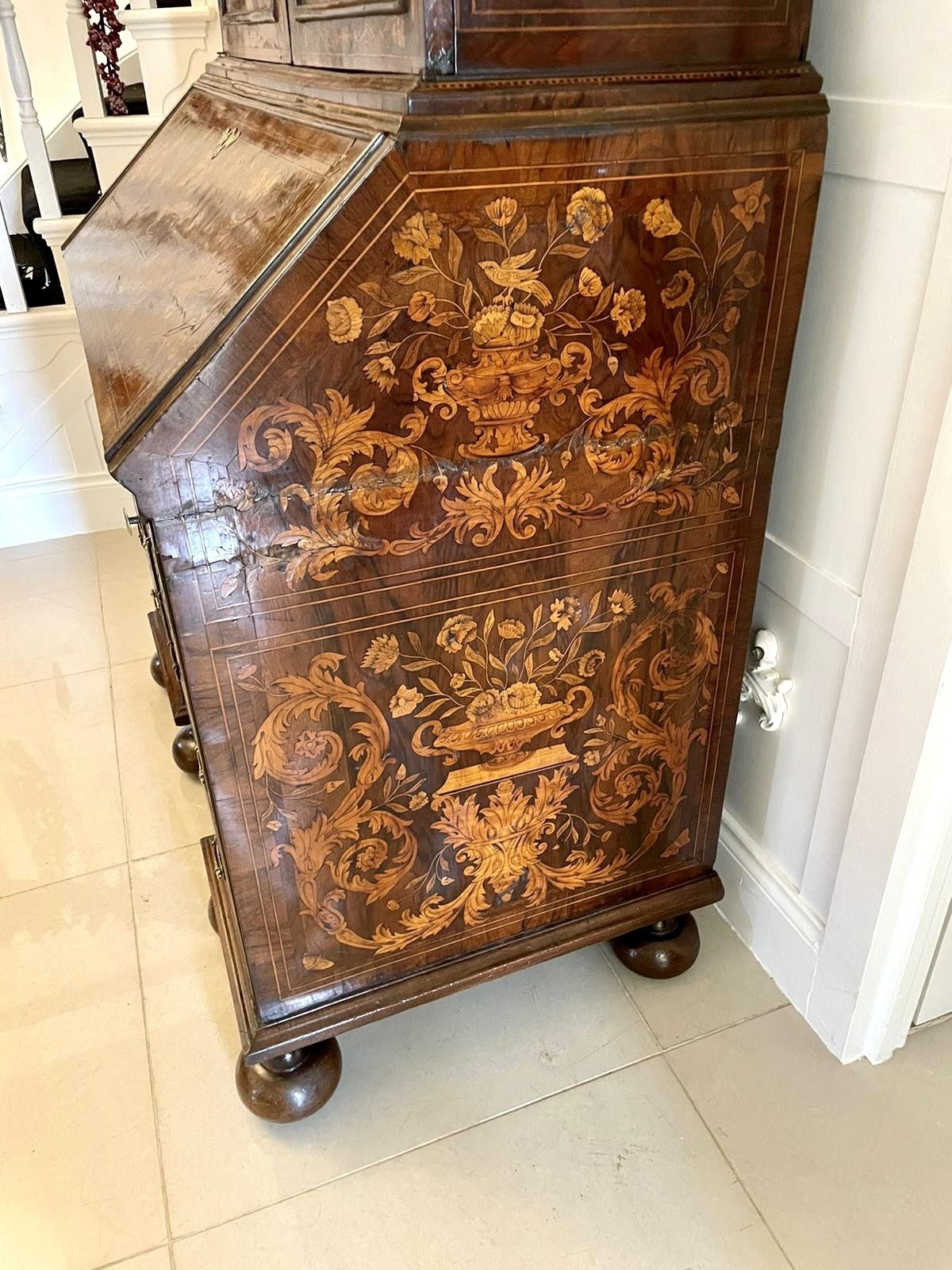 Furniture Antique William And Mary Outstanding Quality Burr Walnut Inlaid Marquetry Double Dome Bookcase photo