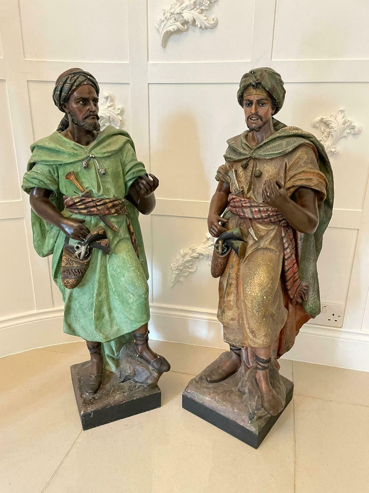 Spectacular Pair Of Large Antique Quality Orientalist Polychromed Plaster Moorish Figures
