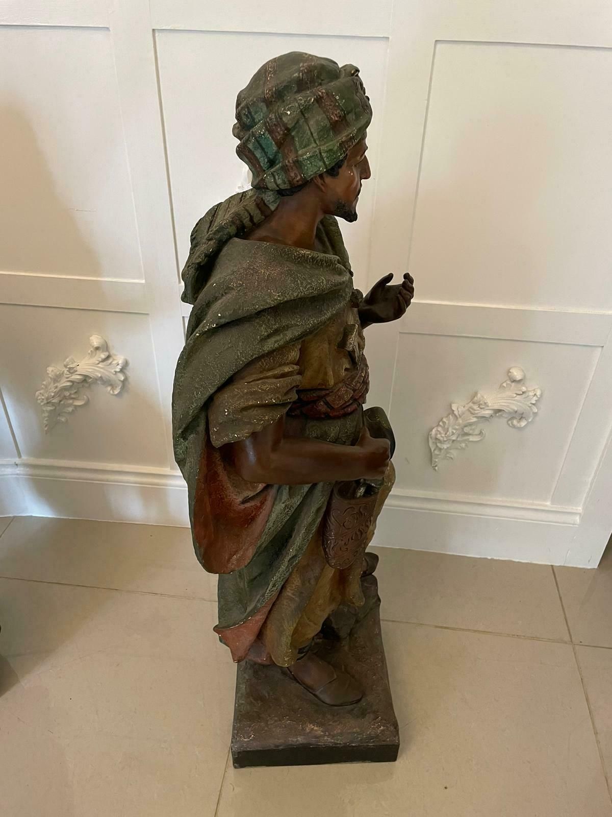 Art Spectacular Pair Of Large Antique Quality Orientalist Polychromed Plaster Moorish Figures photo