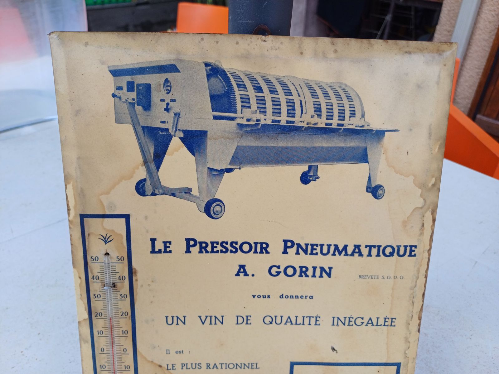 Tole Plate Pub A.Gorin In Bergerac Calendar And Thermometer photo for sale
