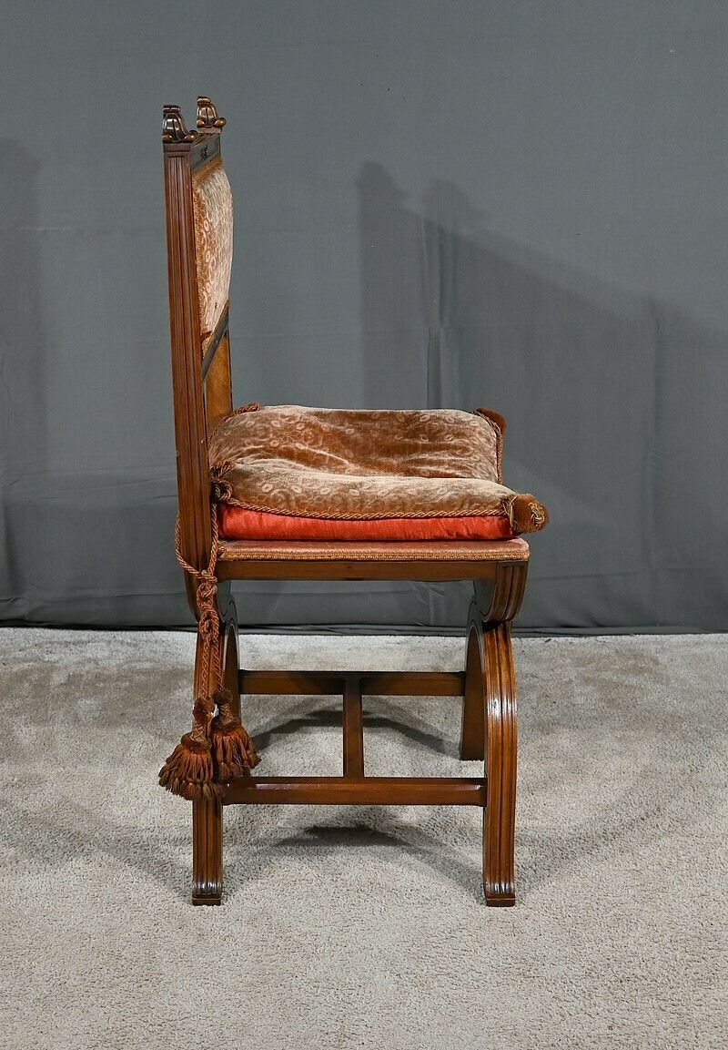 Curule Chair In Solid Walnut, Renaissance Style – Late 19th Century photo for sale