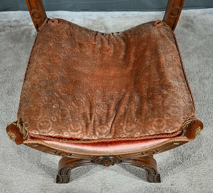 Furniture Curule Chair In Solid Walnut, Renaissance Style – Late 19th Century photo