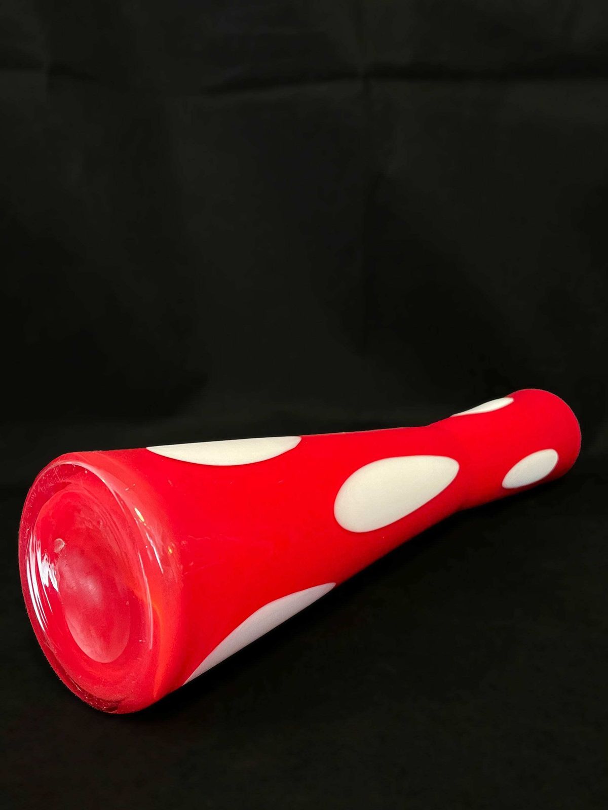 Statement Mid Century Modern Art Glass Vase, Red Cased Glass With Opaline Interior And Pendant Shaped Spots To Exterior photo 60.0