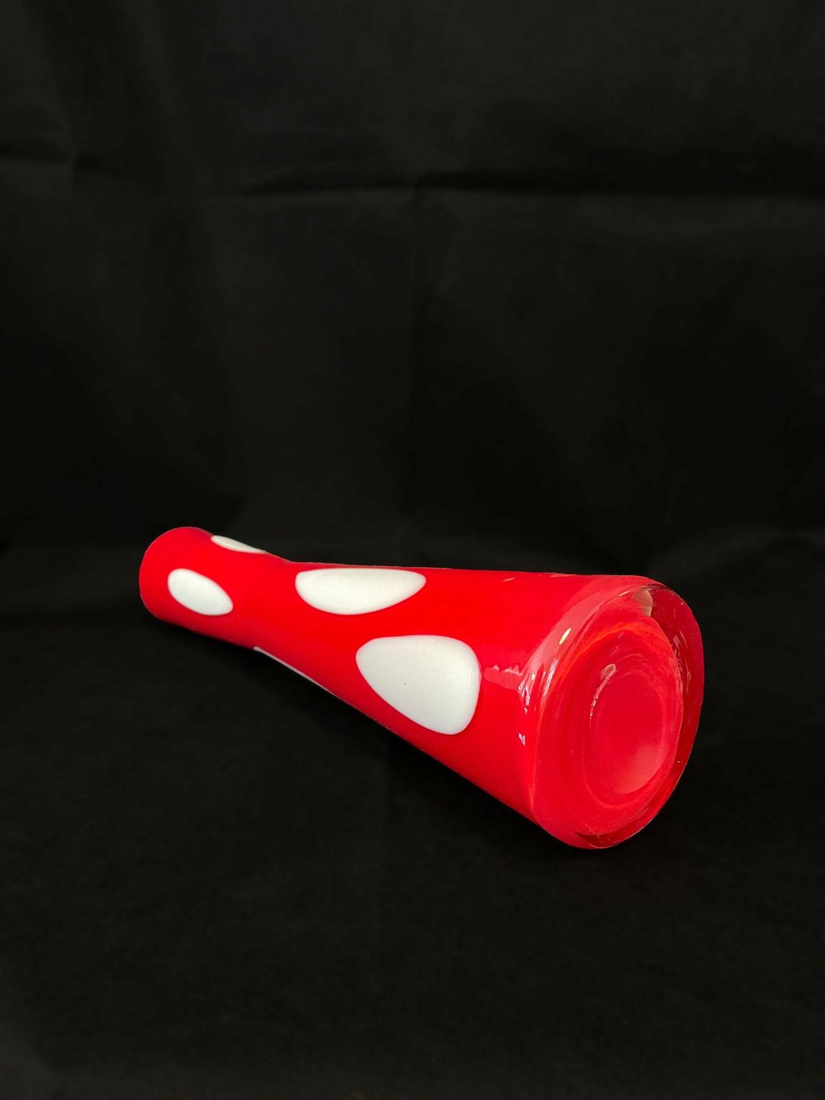 Statement Mid Century Modern Art Glass Vase, Red Cased Glass With Opaline Interior And Pendant Shaped Spots To Exterior photo vinterior