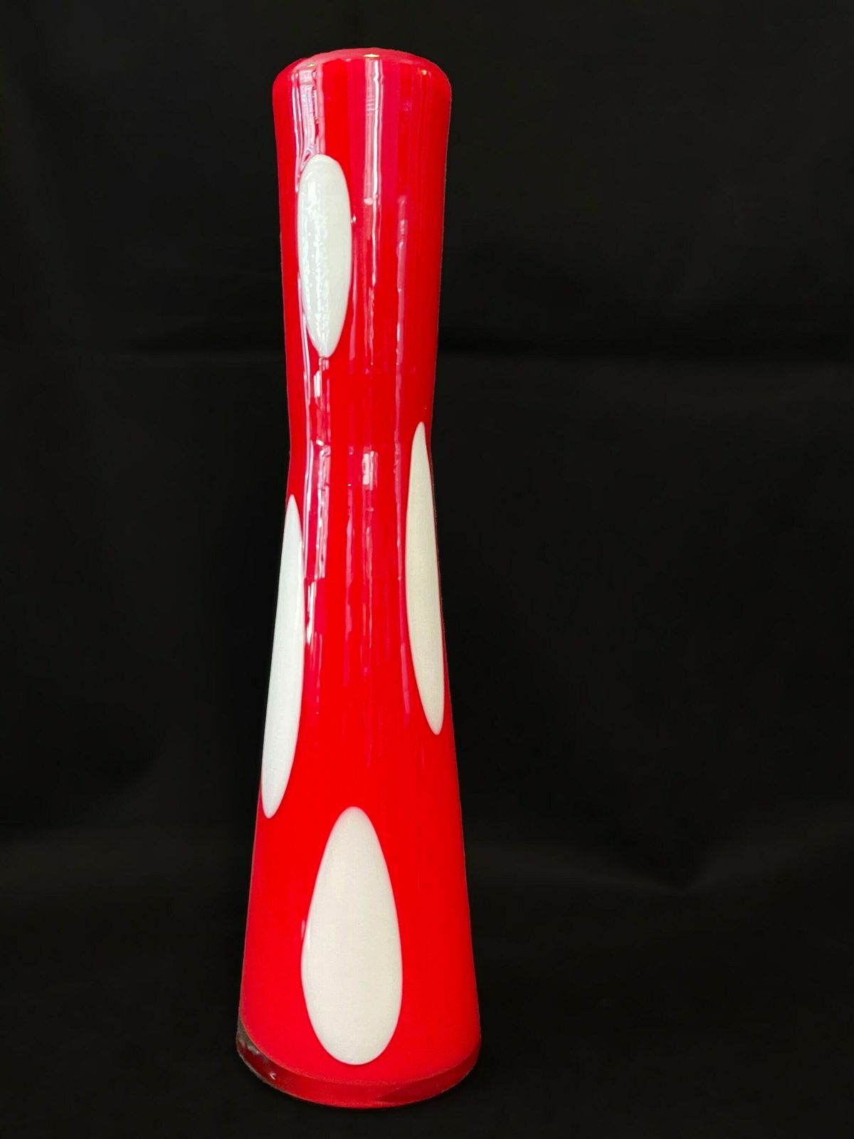 photo furniture Statement Mid Century Modern Art Glass Vase, Red Cased Glass With Opaline Interior And Pendant Shaped Spots To Exterior