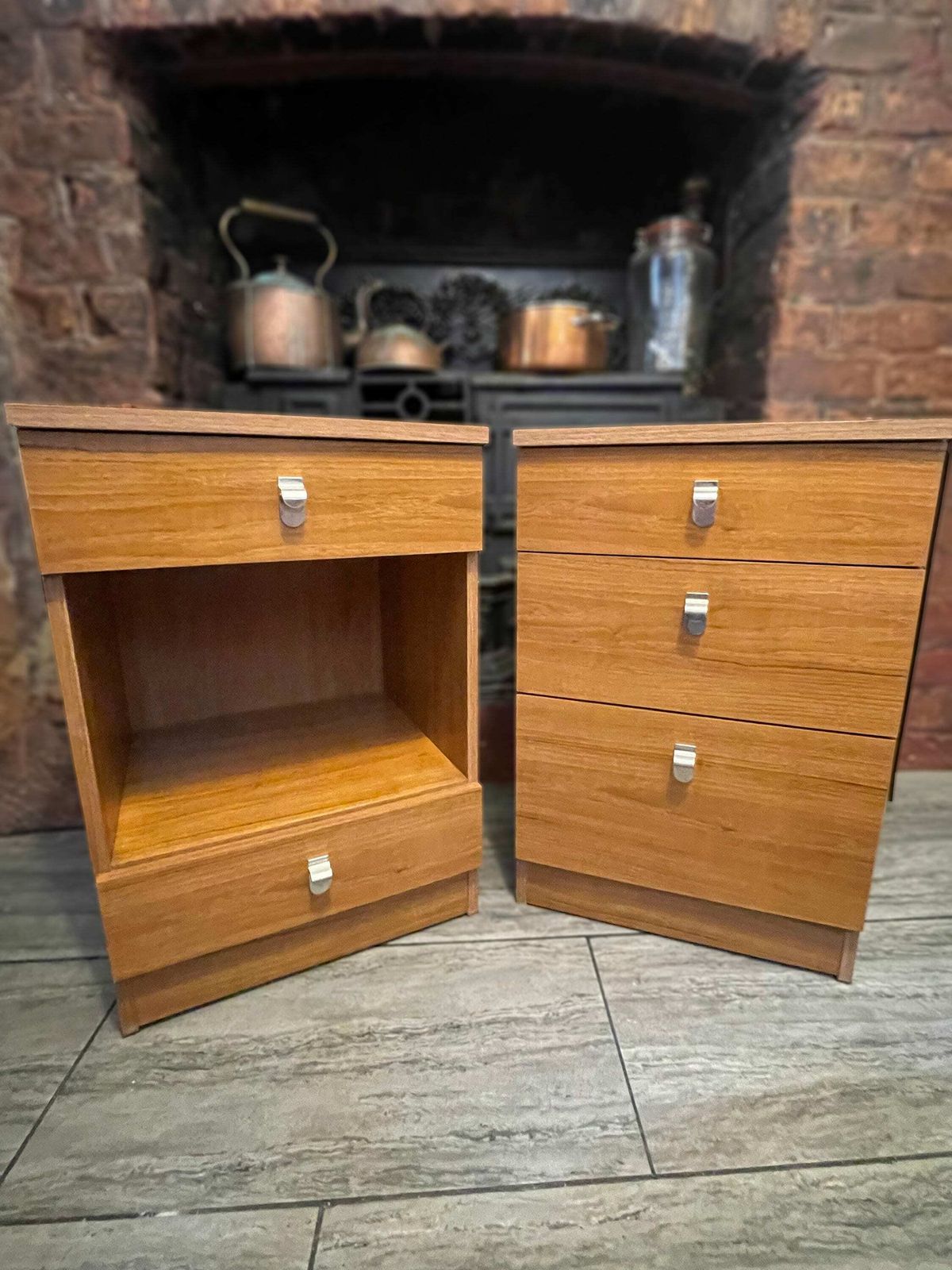Vintage Schrieber Bedside Cabinets X 2 Retro Teak Vener With Brass Mid Century Handles. Vgc Circa 1970 photo Furniture