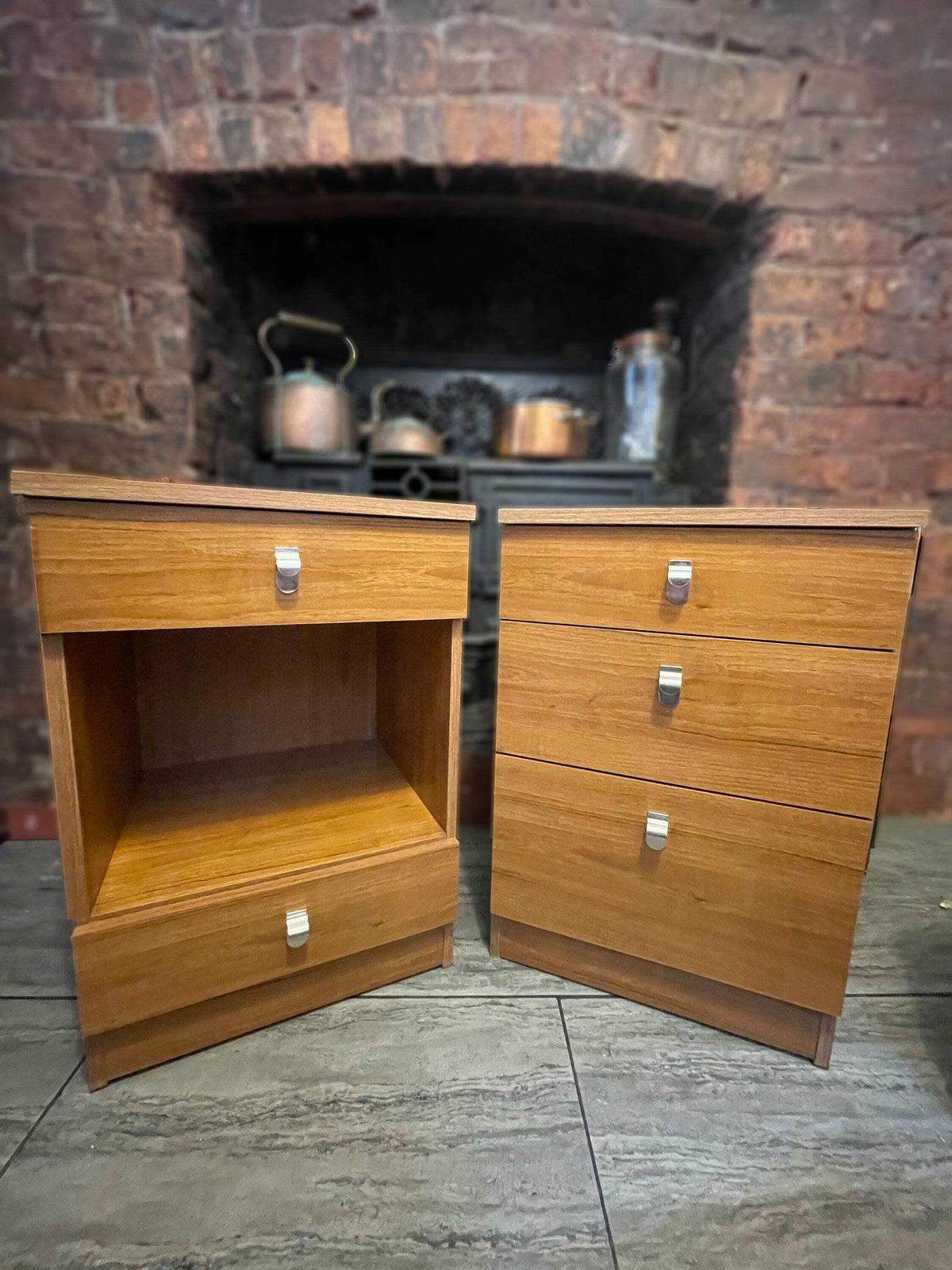 Vintage Schrieber Bedside Cabinets X 2 Retro Teak Vener With Brass Mid Century Handles. Vgc Circa 1970 photo 299.0