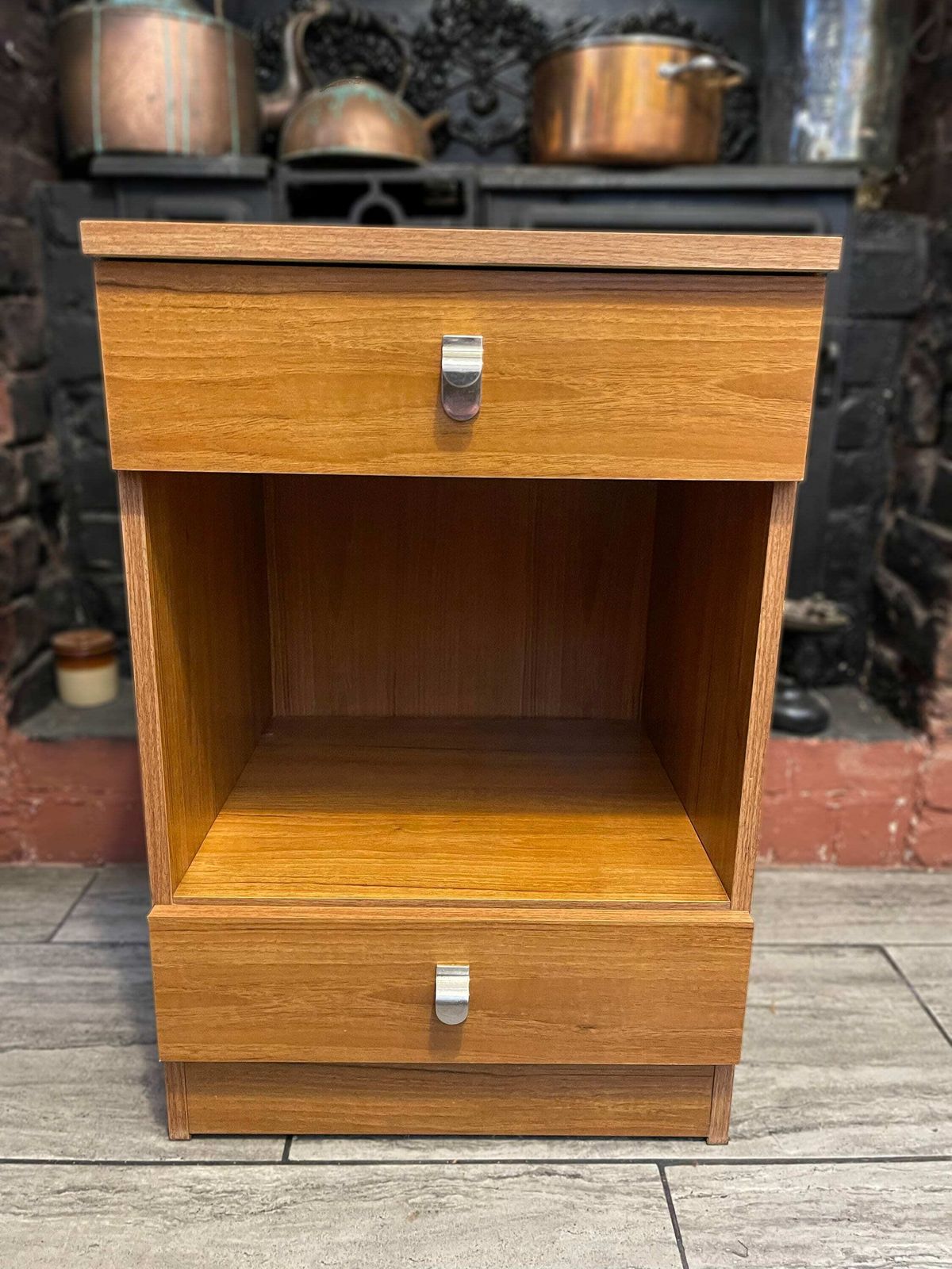 Vintage Schrieber Bedside Cabinets X 2 Retro Teak Vener With Brass Mid Century Handles. Vgc Circa 1970 photo vintage