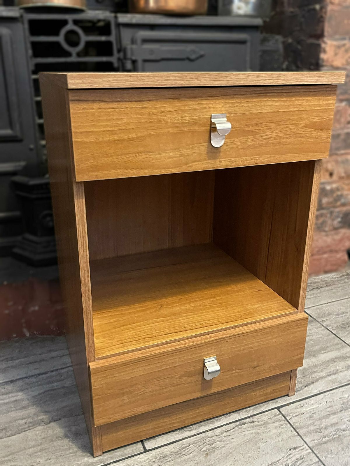 photo furniture Vintage Schrieber Bedside Cabinets X 2 Retro Teak Vener With Brass Mid Century Handles. Vgc Circa 1970
