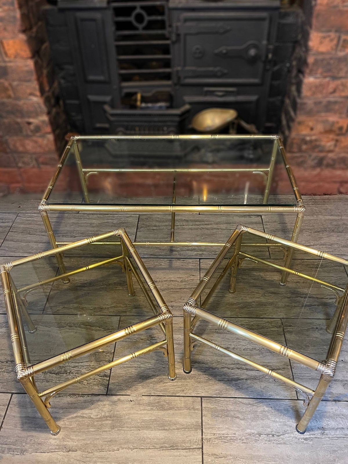 Mid Century Gold Metal Faux Bamboo Coffee Table With 2 Side Tables Sliding Either Side By Chelsom Uk Designs, 1980’s photo furniture