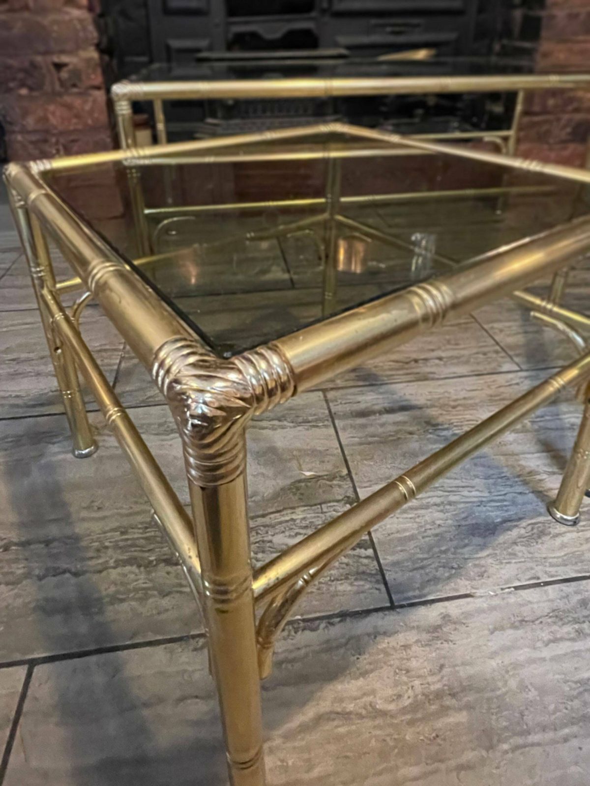 Mid Century Gold Metal Faux Bamboo Coffee Table With 2 Side Tables Sliding Either Side By Chelsom Uk Designs, 1980’s photo for sale