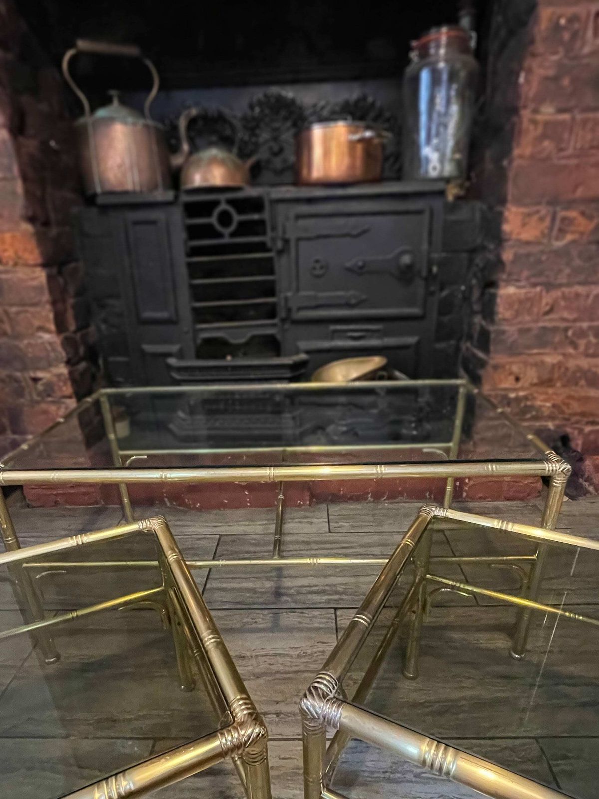 Mid Century Gold Metal Faux Bamboo Coffee Table With 2 Side Tables Sliding Either Side By Chelsom Uk Designs, 1980’s photo Furniture
