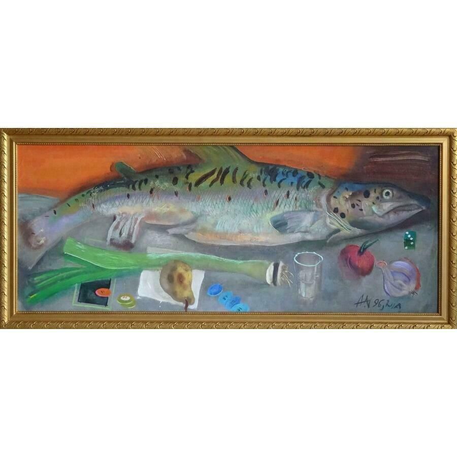 Arturs Nikitins Still Life With Fish. 1996, Cardboard, Oil, 49x120 Cm
