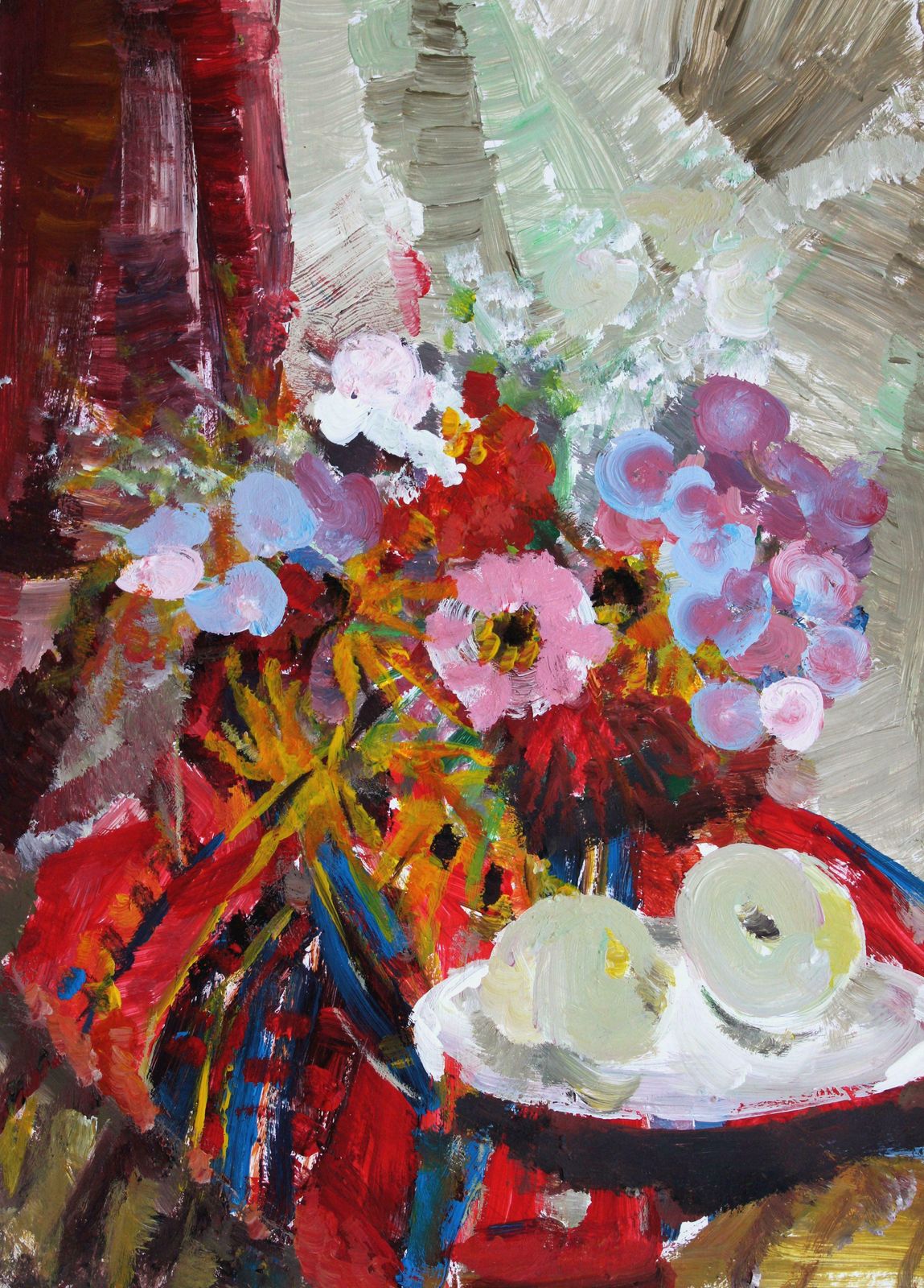 Victor Karnauh Still Life With Flowers And Apples. Oil On Paper, 42 X 30. 5 Cm