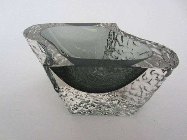 Abstract Smoky Grey Ice Glass Sommerso Bowl Textured Faceted Mandruzzato Murano photo for sale