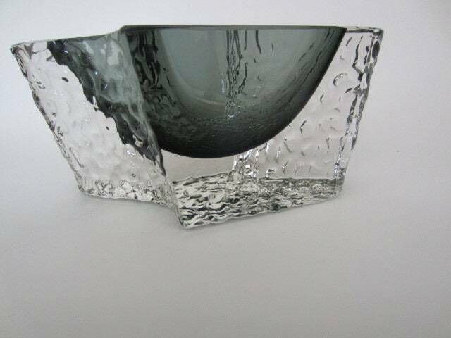 Abstract Smoky Grey Ice Glass Sommerso Bowl Textured Faceted Mandruzzato Murano photo buy