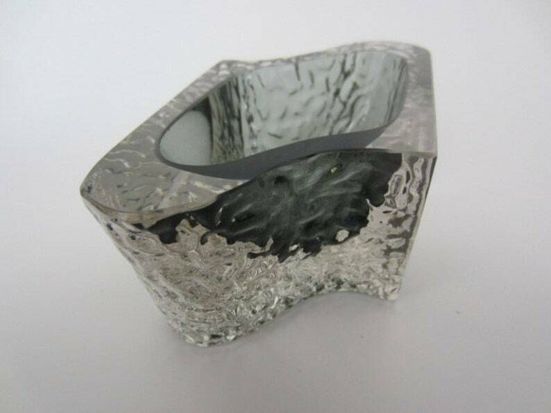 253.0 Abstract Smoky Grey Ice Glass Sommerso Bowl Textured Faceted Mandruzzato Murano photo