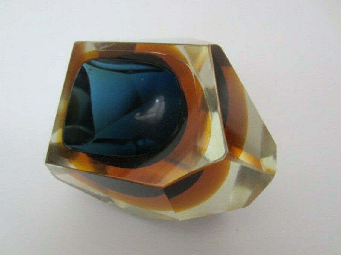 Murano Crystal Glass Sommerso Faceted Sculptural Bowl By Flavio Poli, 1960s, photo vinterior