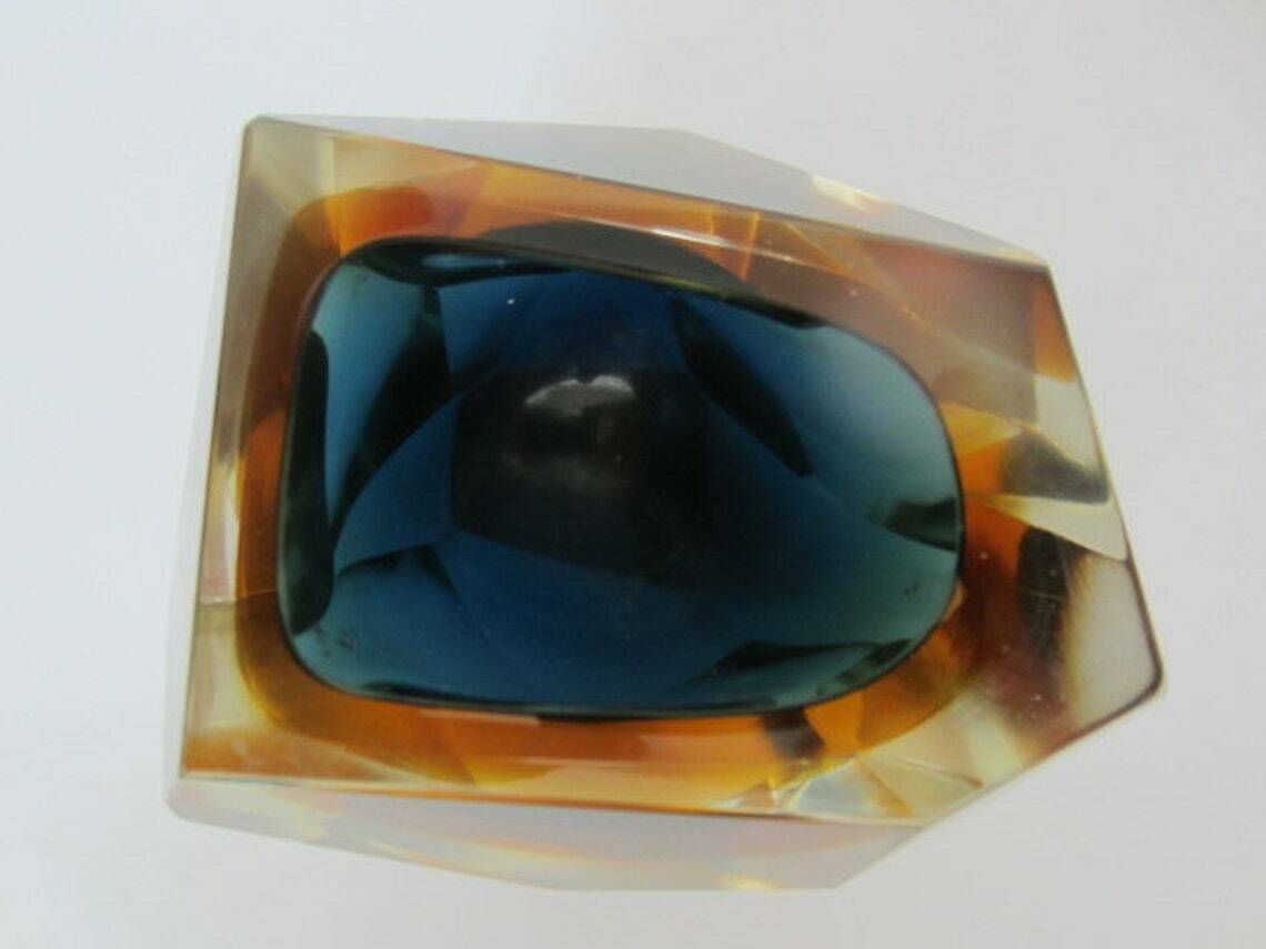 photo for sale Murano Crystal Glass Sommerso Faceted Sculptural Bowl By Flavio Poli, 1960s,