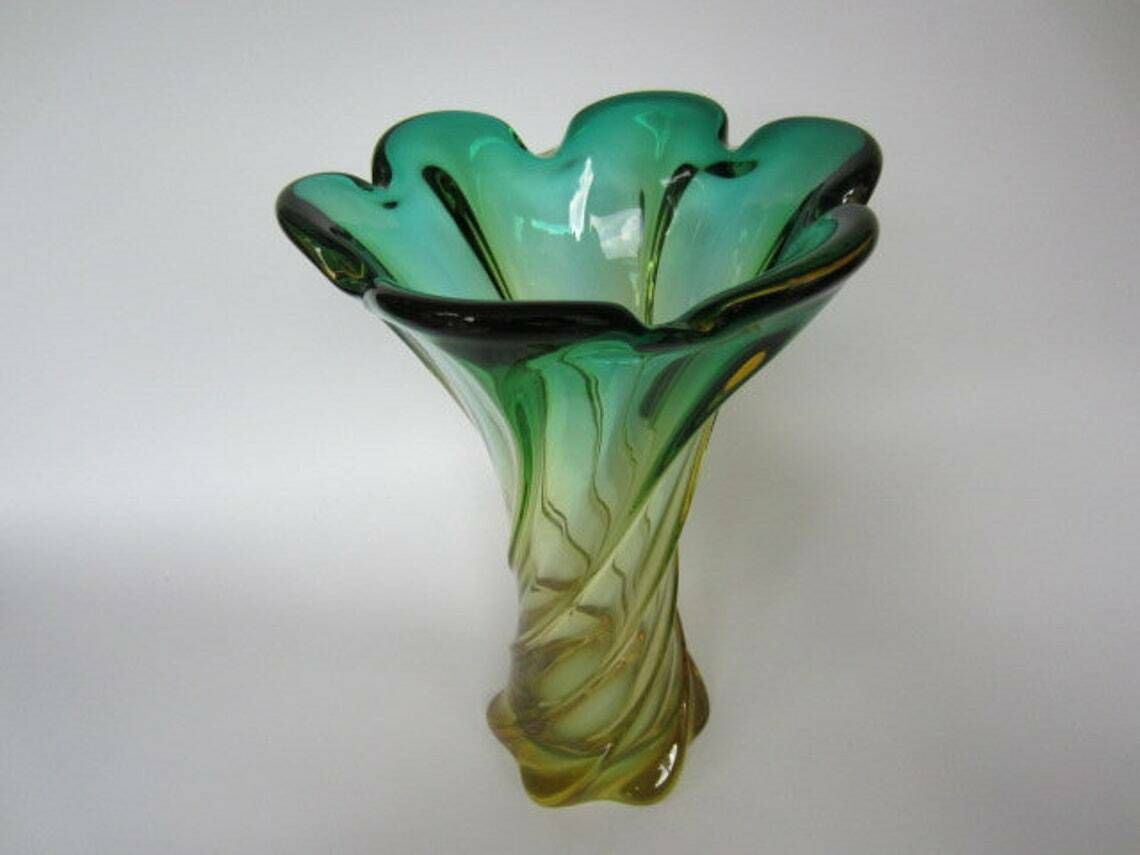 Murano Twisted Poli Seguso Era Green And Golden Ombre Hand Made Art Glass Vase photo furniture