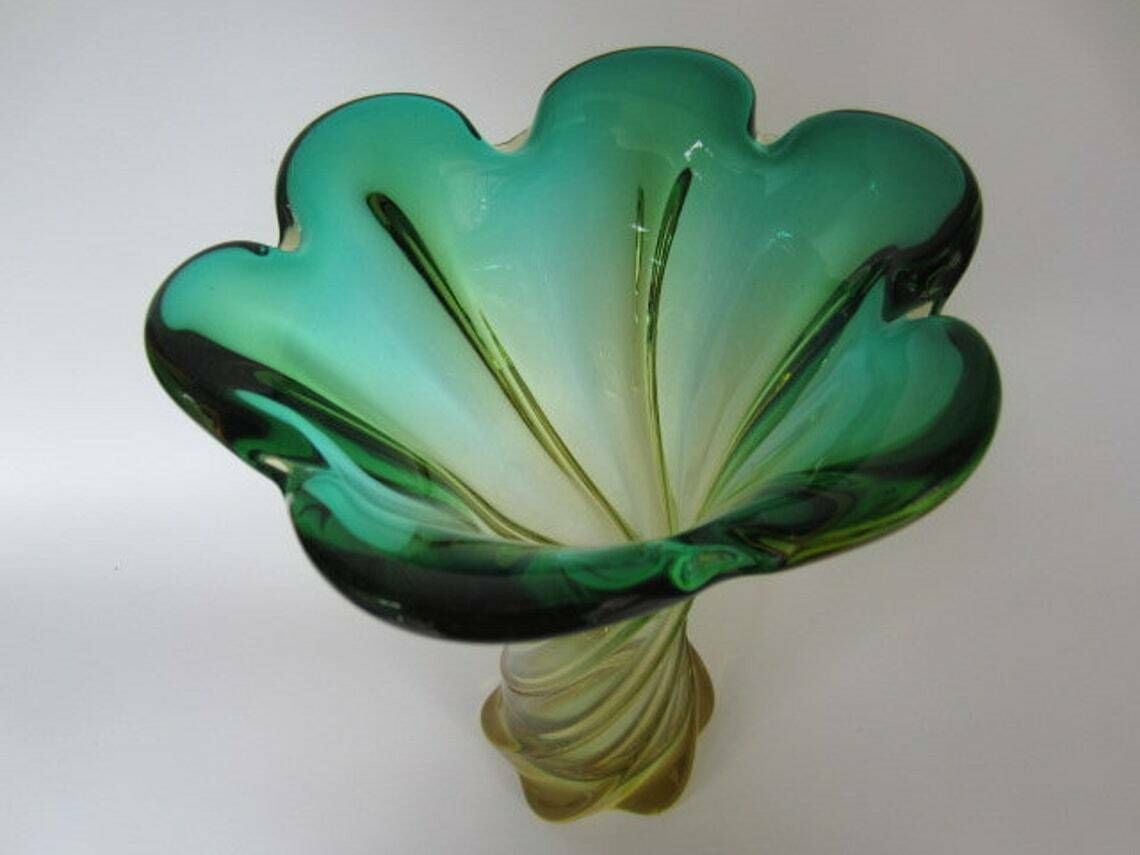 Murano Twisted Poli Seguso Era Green And Golden Ombre Hand Made Art Glass Vase photo Home Decor