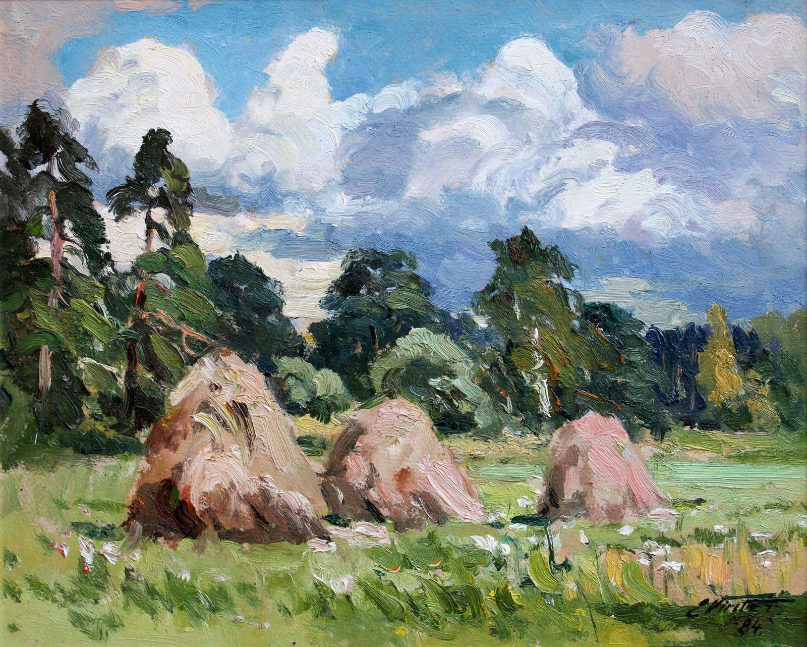 Edgars Vinters Haystacks. 1984, Cardboard, Oil, 40x49.5 Cm 1984