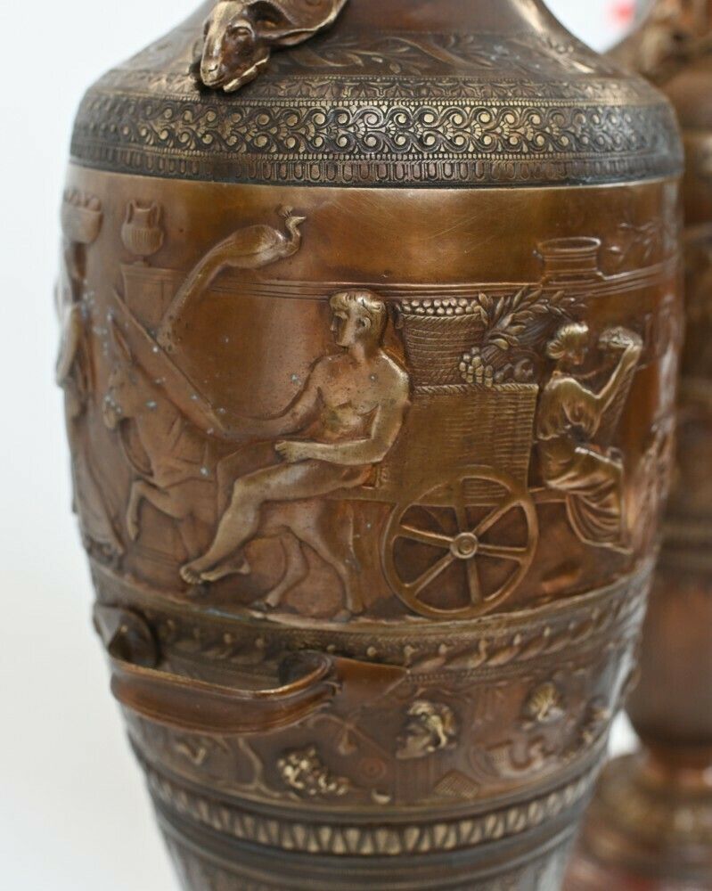 Home Decor Pair French Bronze Amphora Urns After Barbedienne Classical Antiquity photo