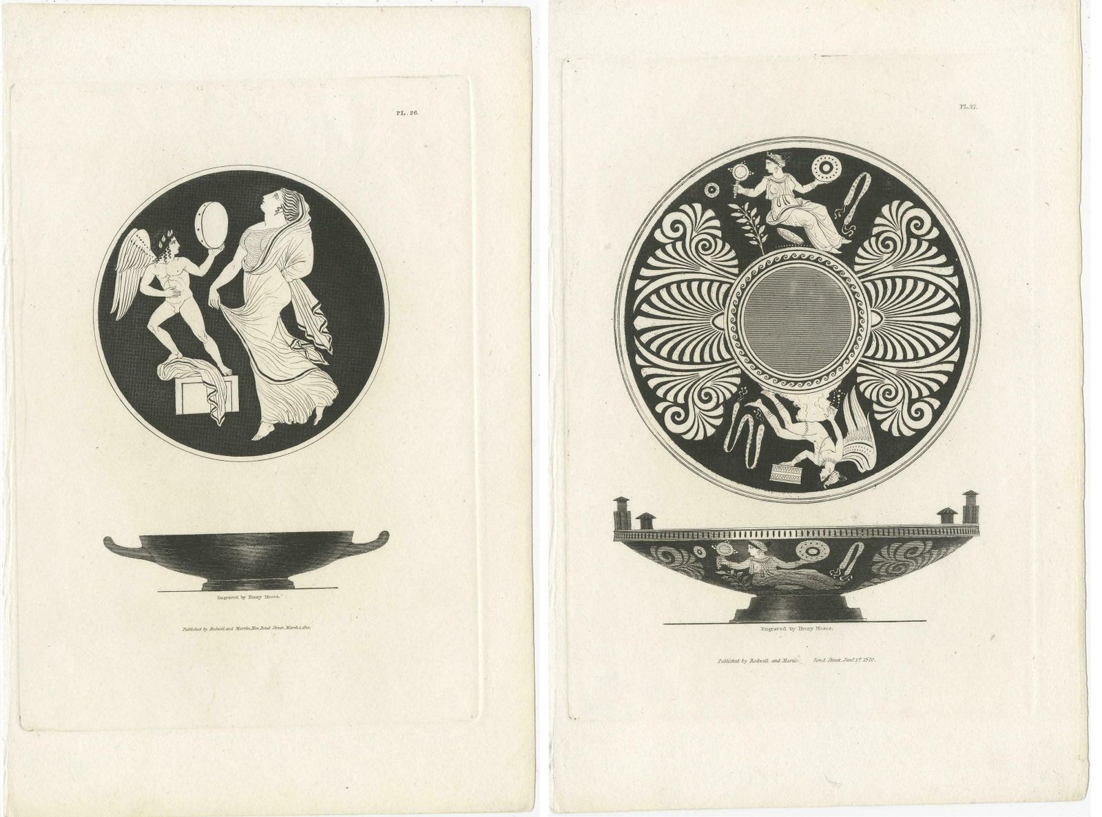 Set Of 2 Antique Prints Depicting The Design Of Vases/Plates By Moses, 1820 photo Art