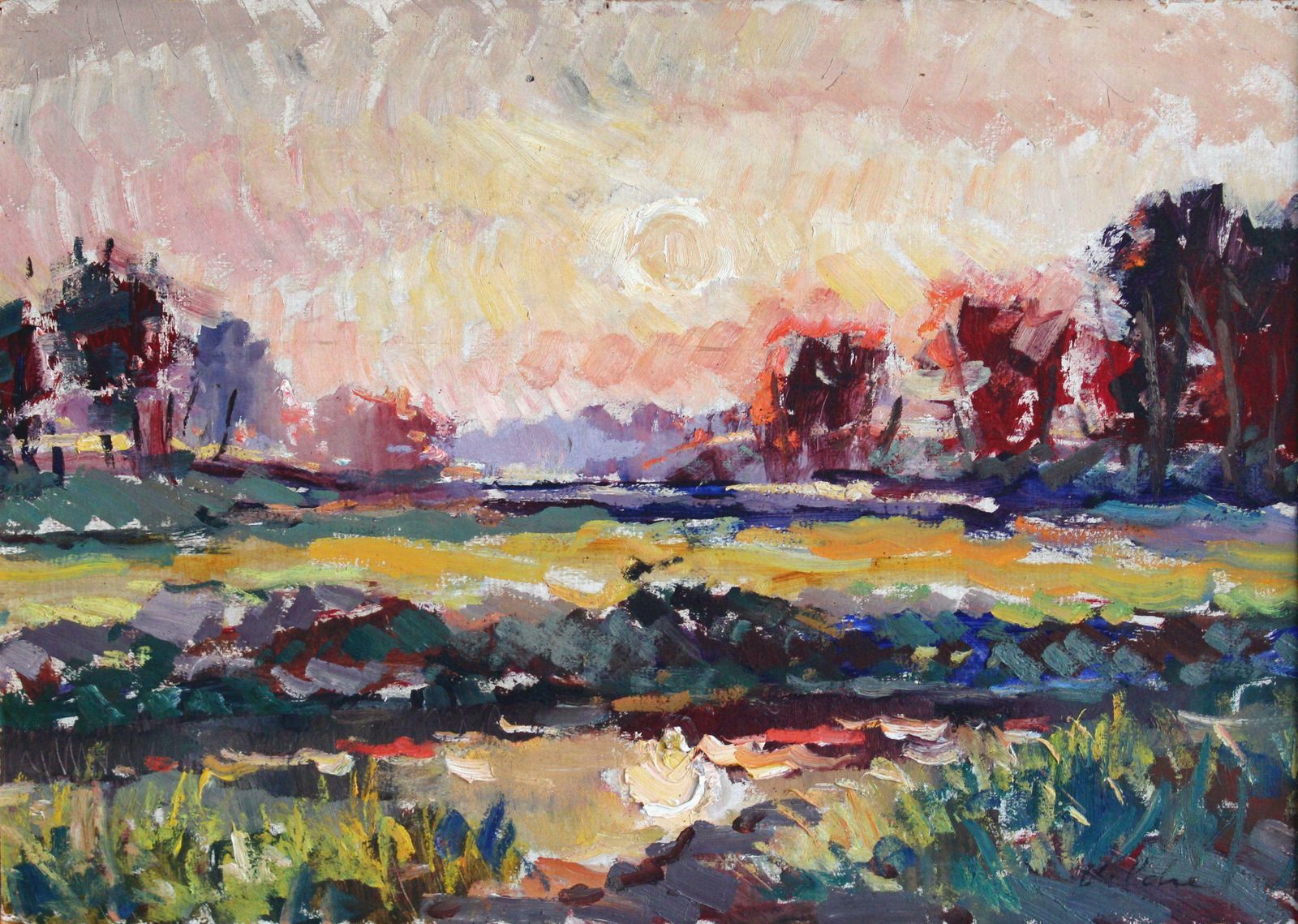 Harijs Veldre Sunset. Cardboard, Oil, 50x70 Cm