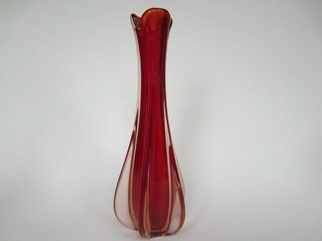 Mcm Italian Murano Bright Red And Peach Art Glass Pulled Rib Sommerso Vase C60s photo 124.0
