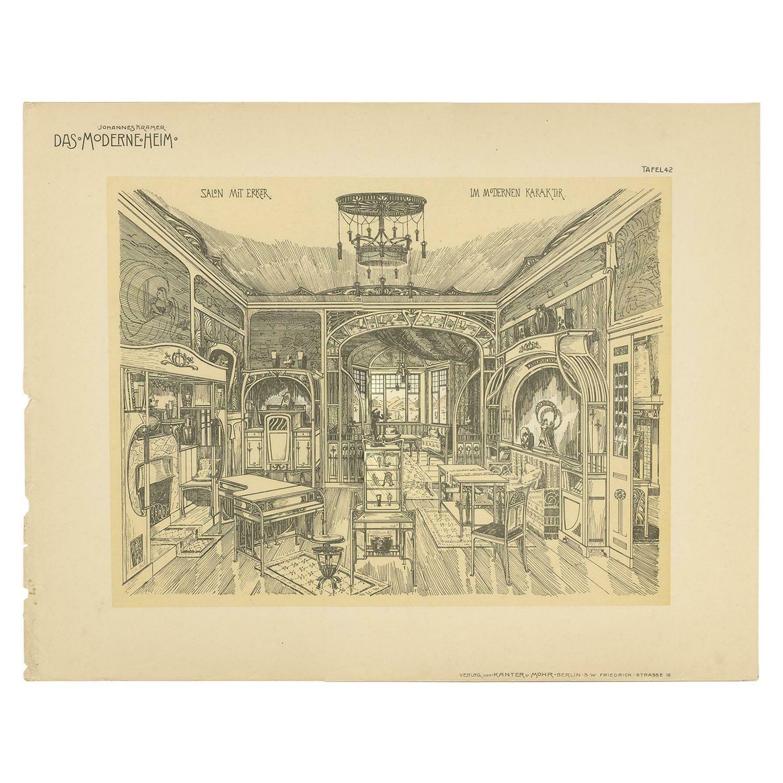Antique Print Of A Salon With Bay Window, Circa 1910