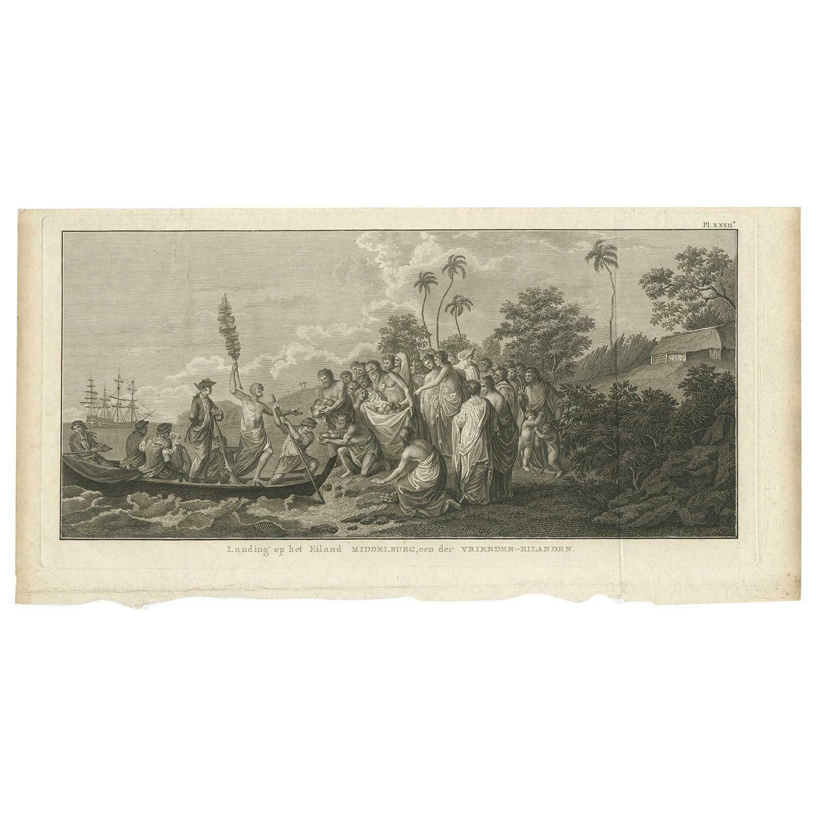 Antique Print Of The Landing At Middelburg Island By Cook, 1803