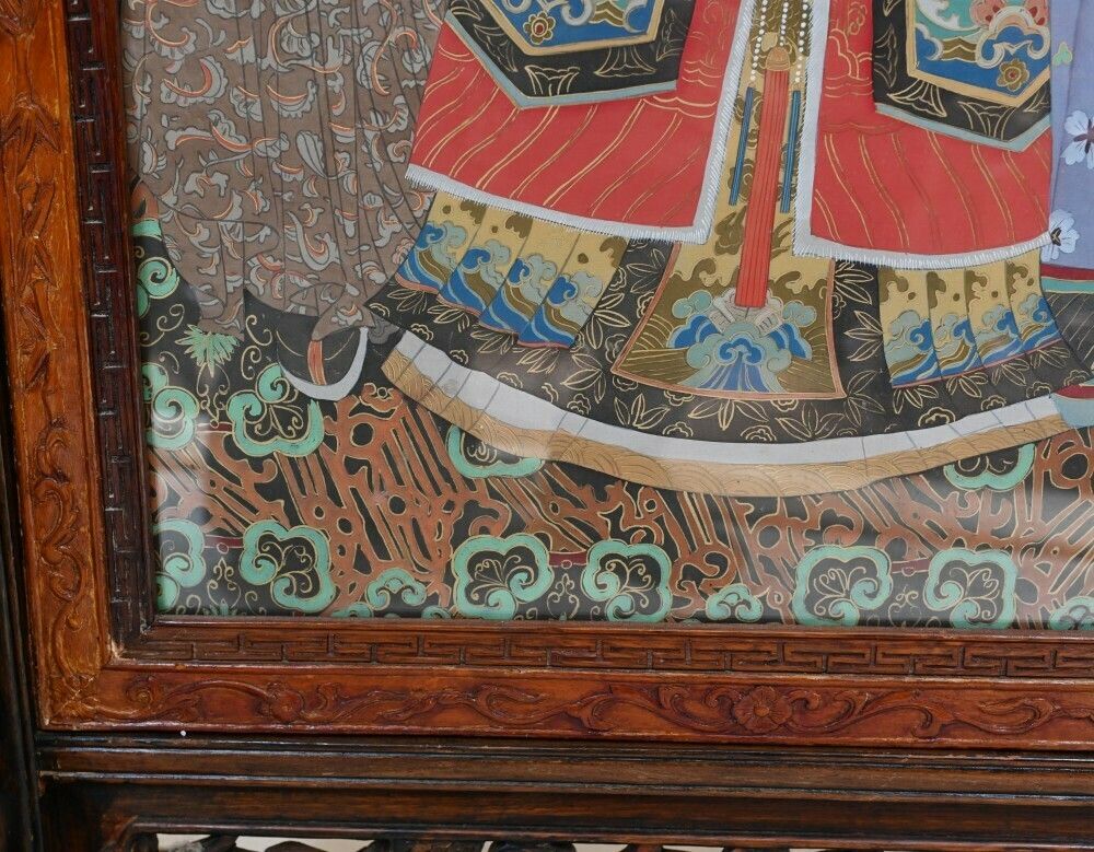 Pair Chinese Silk Woven Hardwood Screens Antique 1840 Qianlong Emperor photo for sale