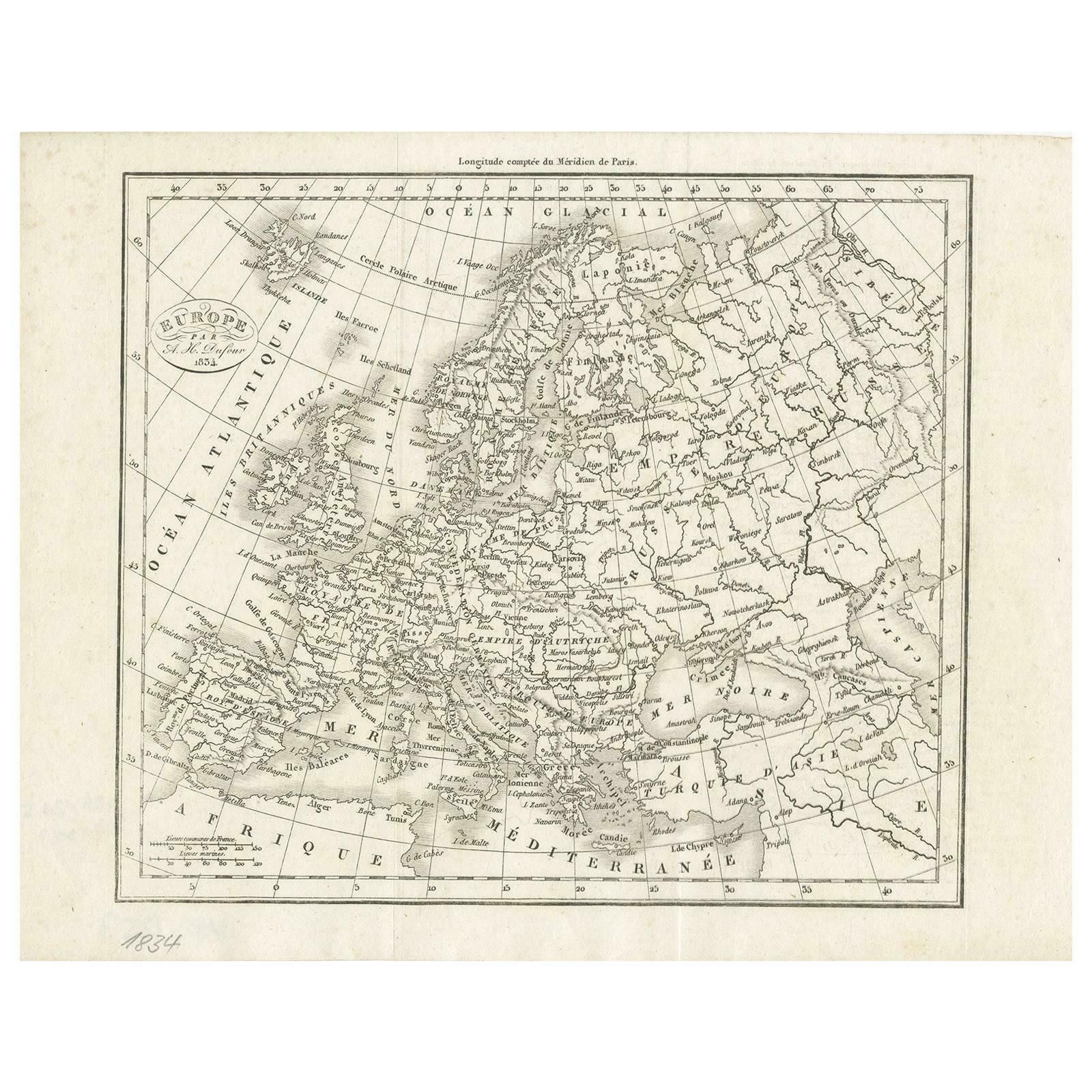 Nice Decorative Black And White Small Antique Map Of Europe, 'Circa 1834'