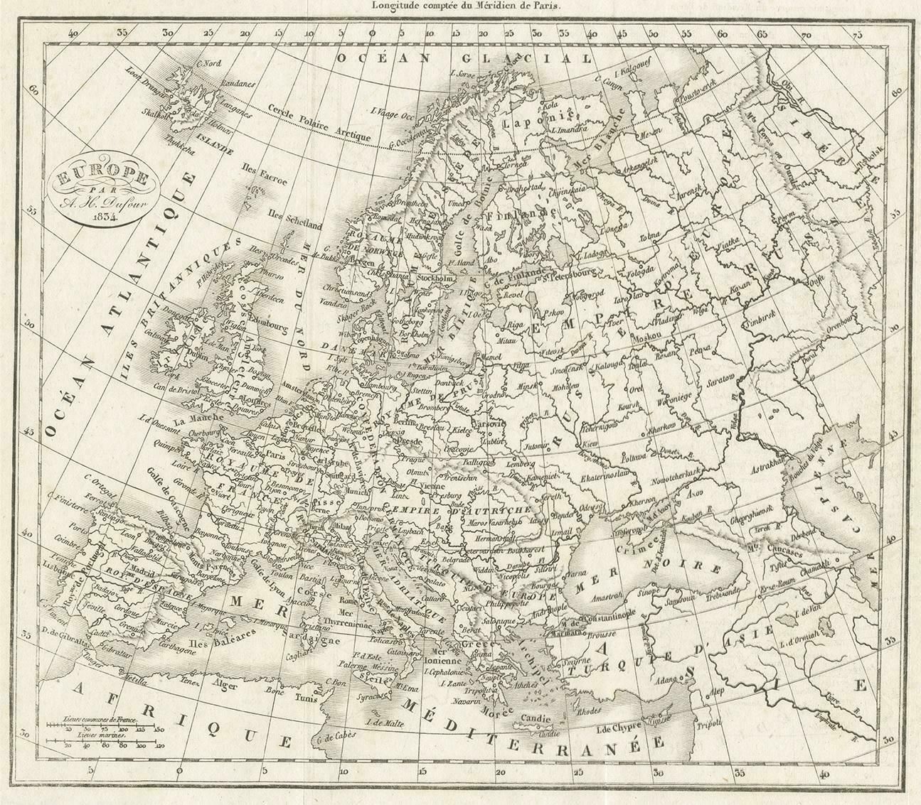 Nice Decorative Black And White Small Antique Map Of Europe, 'Circa 1834' photo furniture