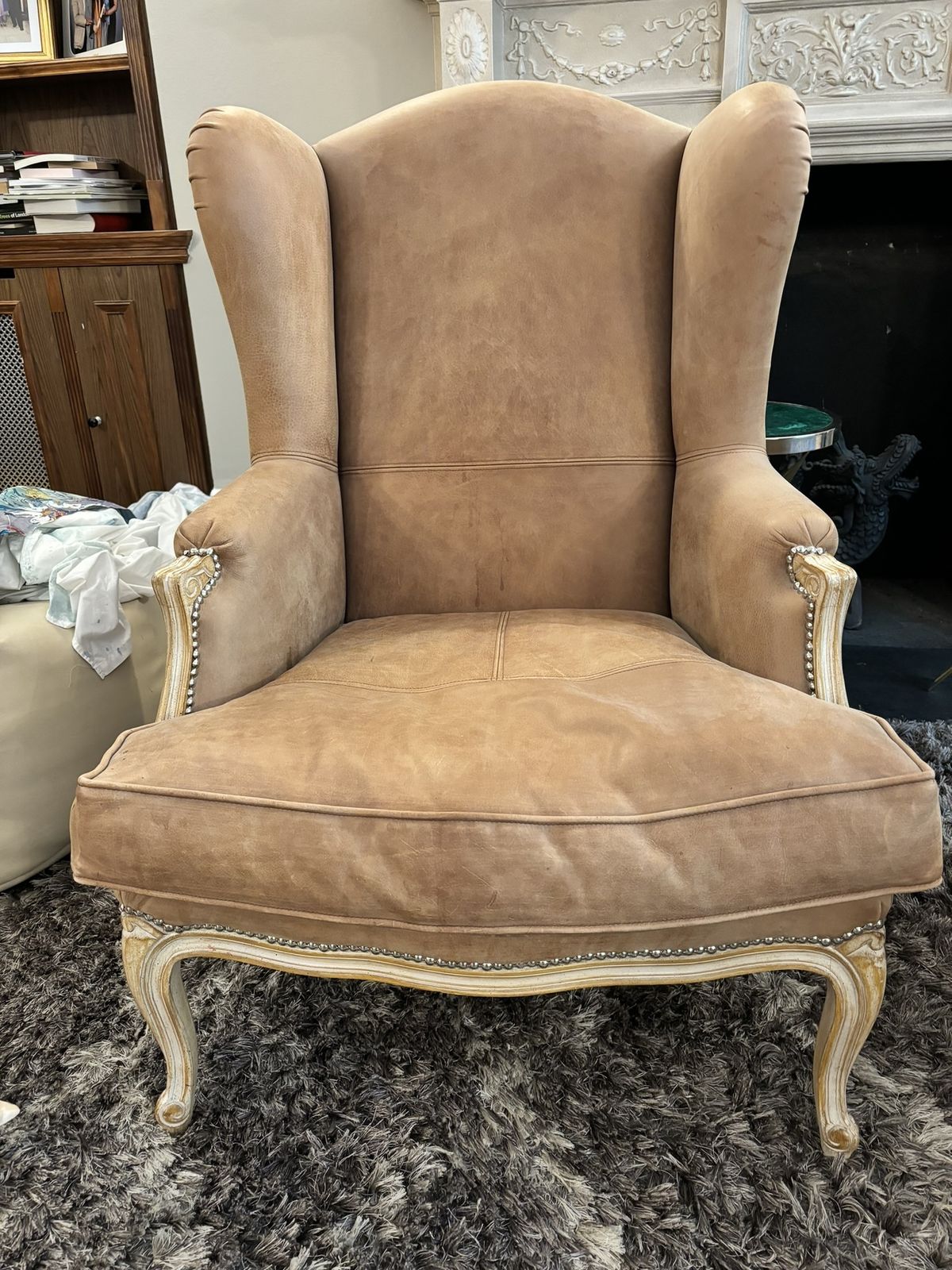 Two Treated Suede Studded Stylish Armchairs By Andrew Martin photo vinterior
