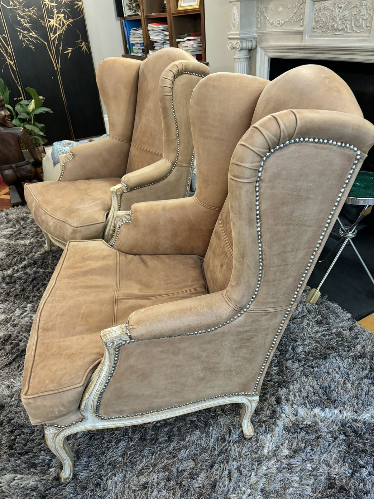 photo for sale Two Treated Suede Studded Stylish Armchairs By Andrew Martin