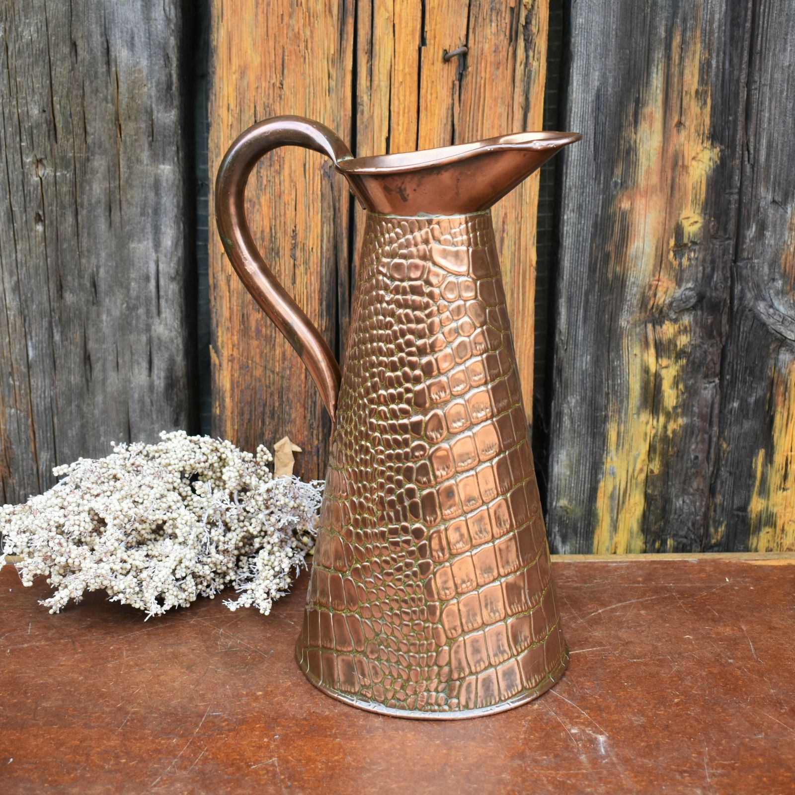 Antique Joseph Sankey Hand Beaten Snakeskin Repousse Copper Jug Ewer Pitcher