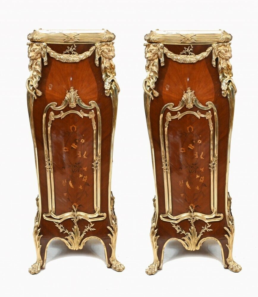Pair French Pedestal Stands Ormolu Inlay After Linke
