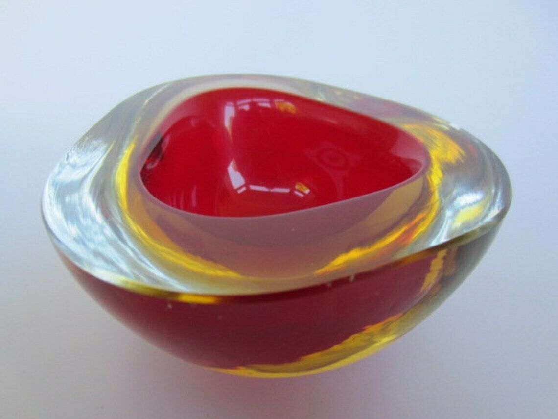 Murano Poli Seguso Era Triangle Submerged Geode Bowl Cherry Red And Golden Amber photo Home Decor