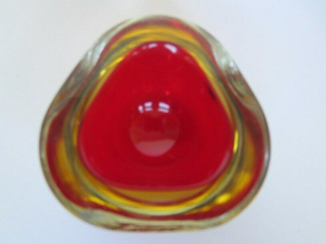 Murano Poli Seguso Era Triangle Submerged Geode Bowl Cherry Red And Golden Amber photo vinterior