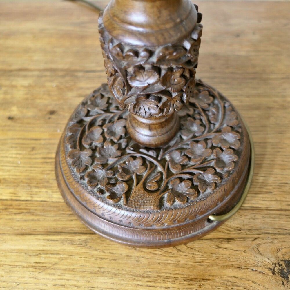 A Pair Of Teak Carved Tree Of Life Table Lamps photo vintage