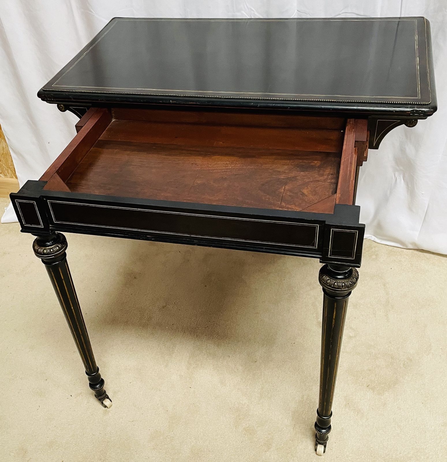 photo furniture Fabulous Victorian Aesthetic Period Ebonised Concertina Drawer Pull Fold Over Card Table