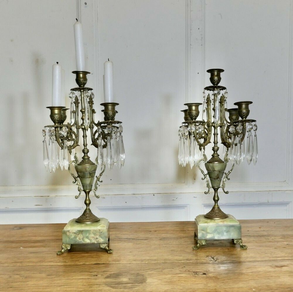 A Pair Of Green Marble And Brass 5 Branch Candelabra
