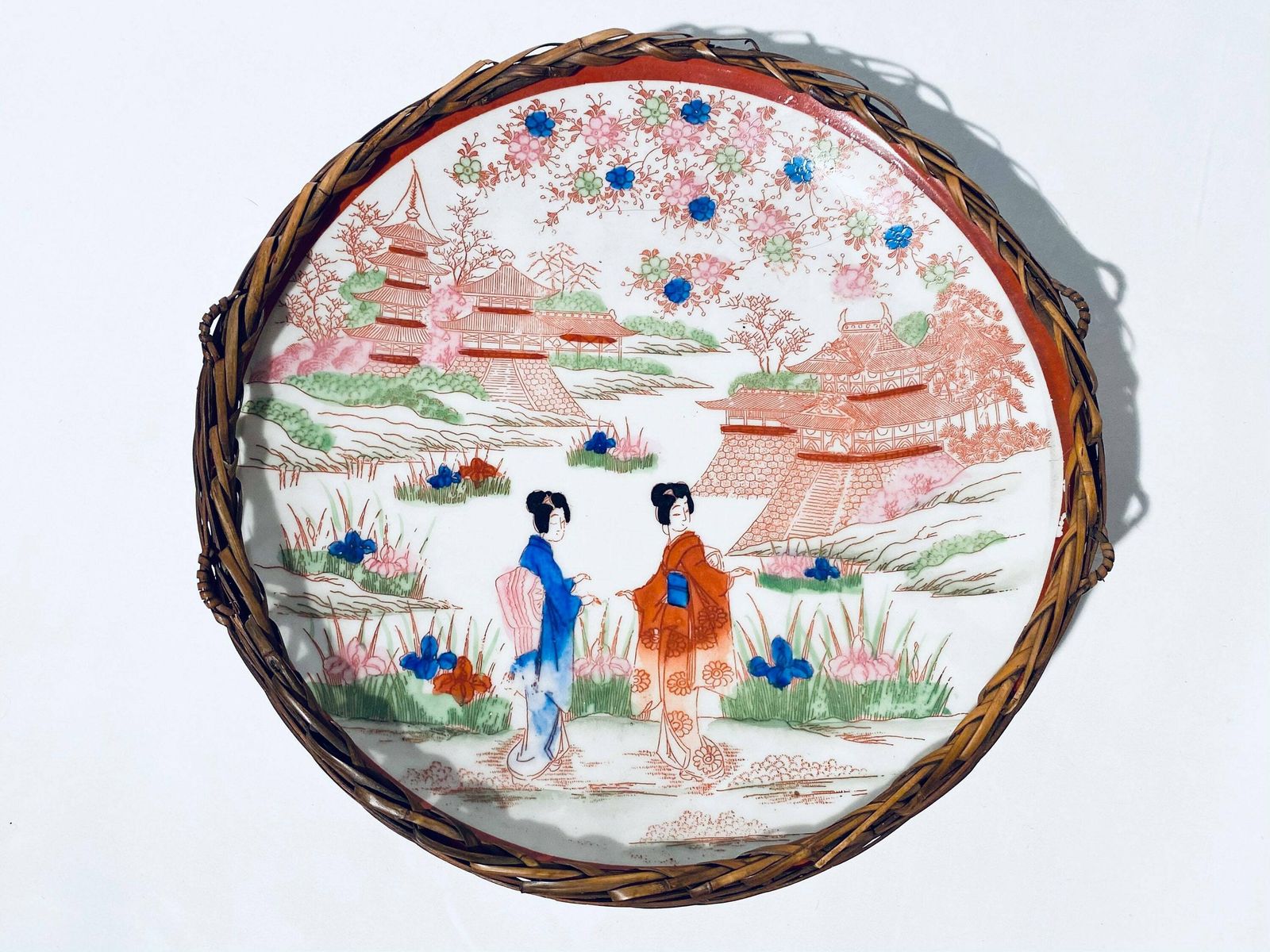 Vintage Japanese Maraku Geisha Motif Round Ceramic Wall Plate / Hand Painted Decor 1950s
